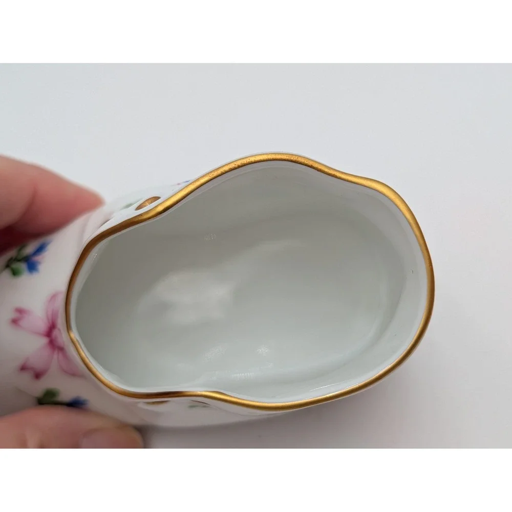 Herend Hungary Porcelain Baby Shoe Figurine White Floral Gold Trim